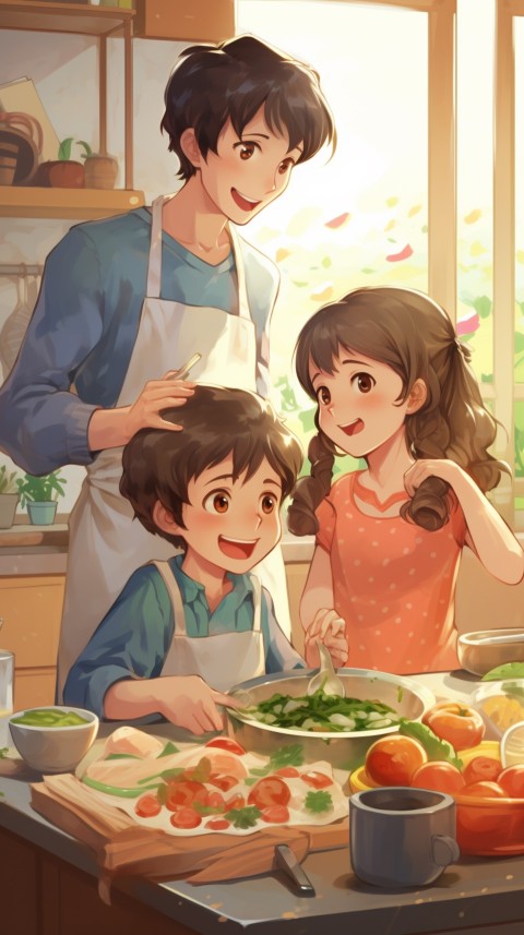 Happy Anime Family in the Kitchen Food (179)