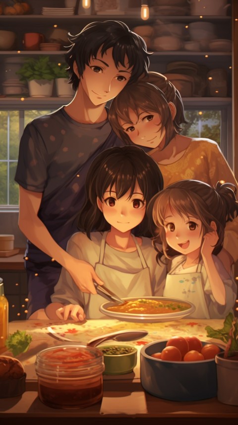 Happy Anime Family in the Kitchen Food (180)