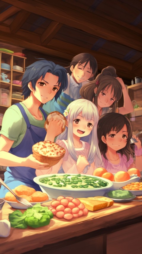 Happy Anime Family in the Kitchen Food (195)
