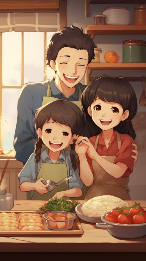 Happy Anime Family in the Kitchen Food (205)
