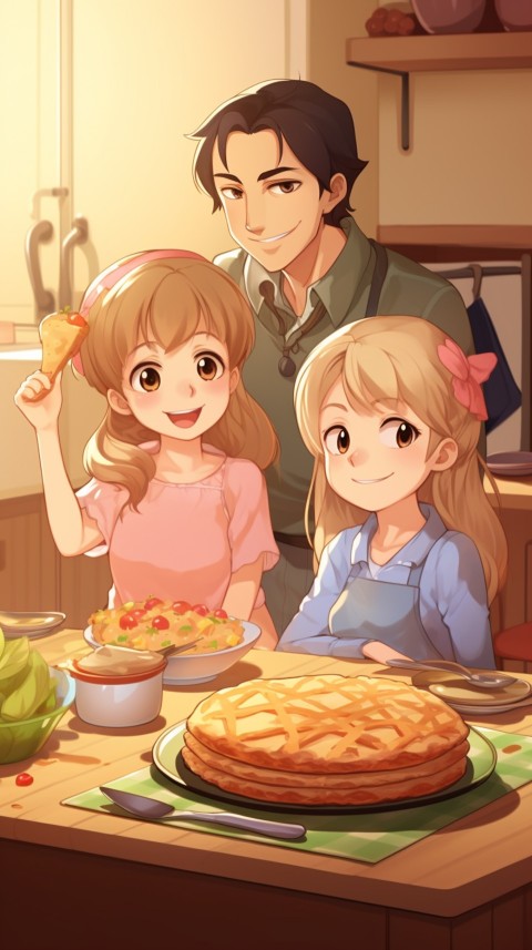Happy Anime Family in the Kitchen Food (203)