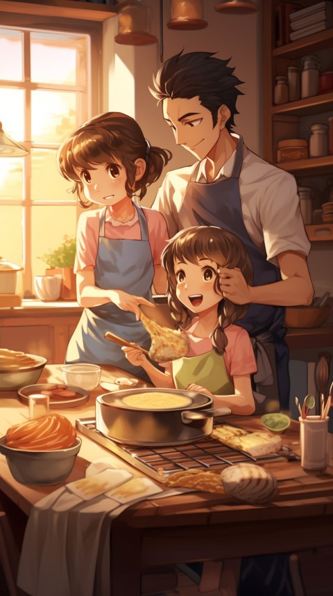 Happy Anime Family in the Kitchen Food (229)