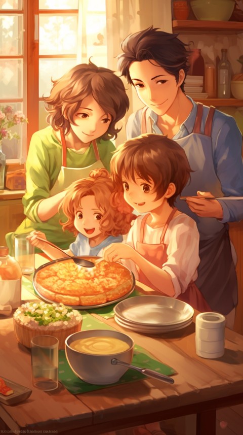 Happy Anime Family in the Kitchen Food (222)