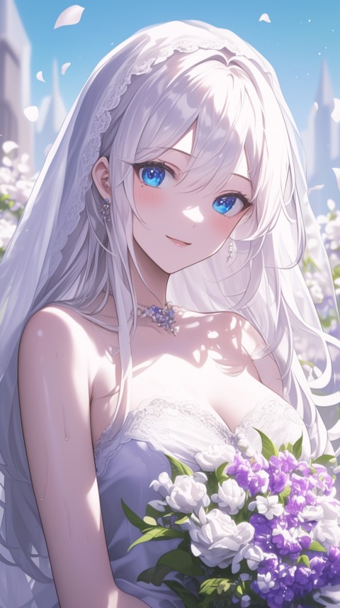 Cute Anime Bride Holding Flower Bouquet Aesthetic (42)