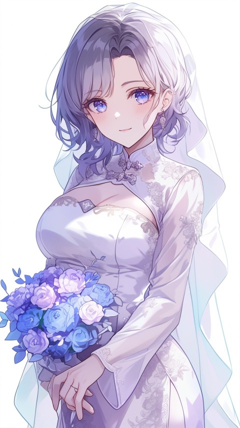 Cute Anime Bride Holding Flower Bouquet Aesthetic (52)