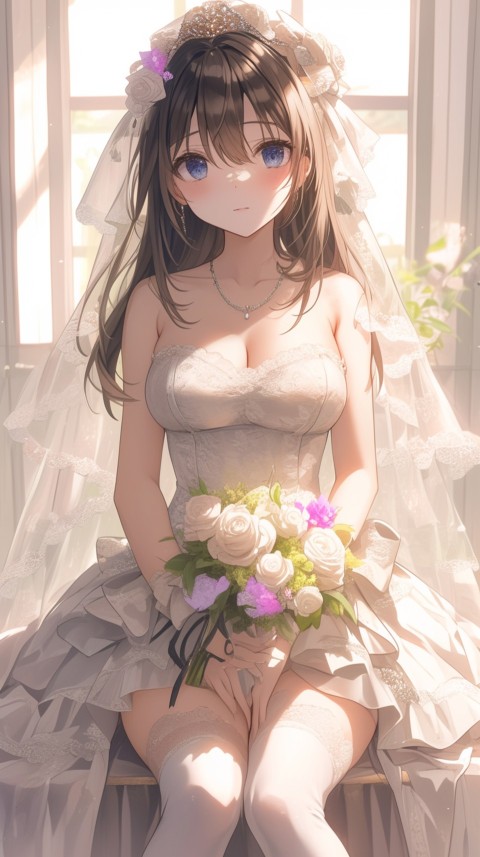 Cute Anime Bride Holding Flower Bouquet Aesthetic (100)