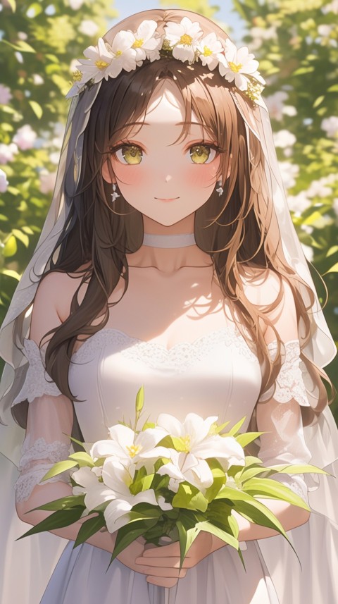 Cute Anime Bride Holding Flower Bouquet Aesthetic (94)