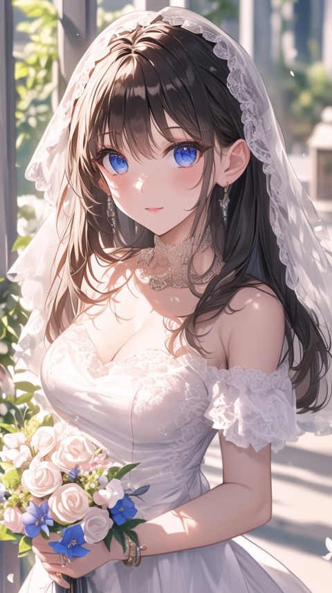 Cute Anime Bride Holding Flower Bouquet Aesthetic (93)