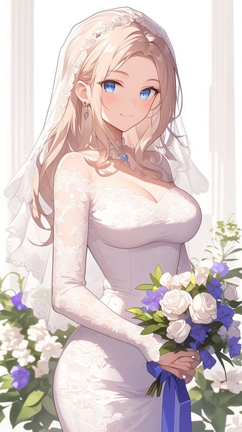 Cute Anime Bride Holding Flower Bouquet Aesthetic (53)