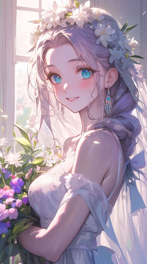 Cute Anime Bride Holding Flower Bouquet Aesthetic (96)