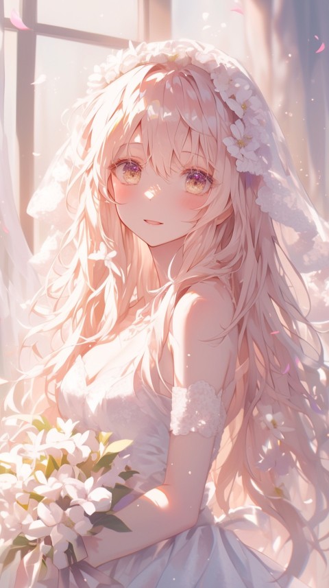 Cute Anime Bride Holding Flower Bouquet Aesthetic (101)
