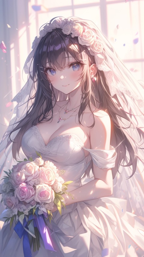 Cute Anime Bride Holding Flower Bouquet Aesthetic (114)