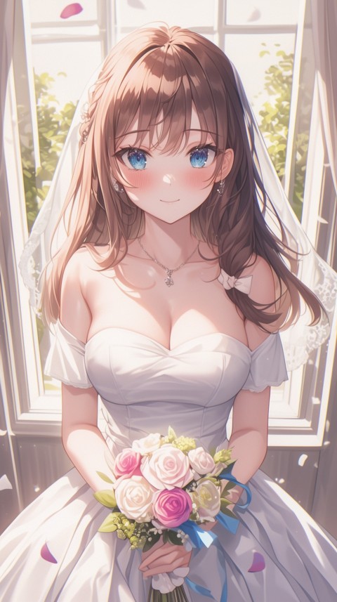 Cute Anime Bride Holding Flower Bouquet Aesthetic (143)