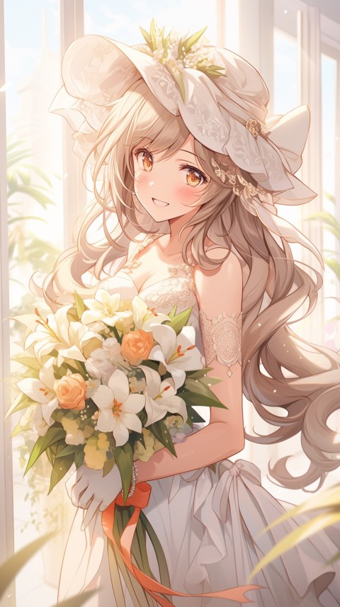 Cute Anime Bride Holding Flower Bouquet Aesthetic (117)