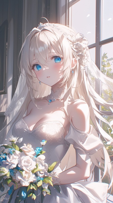 Cute Anime Bride Holding Flower Bouquet Aesthetic (130)