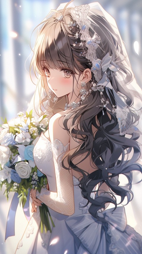 Cute Anime Bride Holding Flower Bouquet Aesthetic (118)