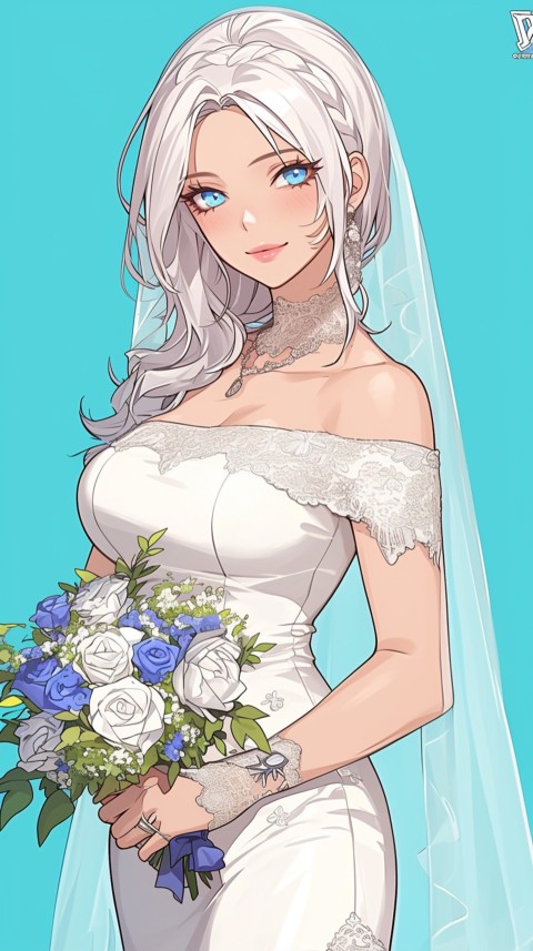 Cute Anime Bride Holding Flower Bouquet Aesthetic (191)