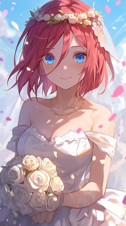 Cute Anime Bride Holding Flower Bouquet Aesthetic (164)