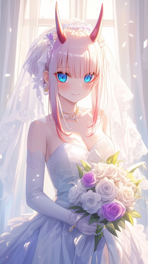 Cute Anime Bride Holding Flower Bouquet Aesthetic (170)