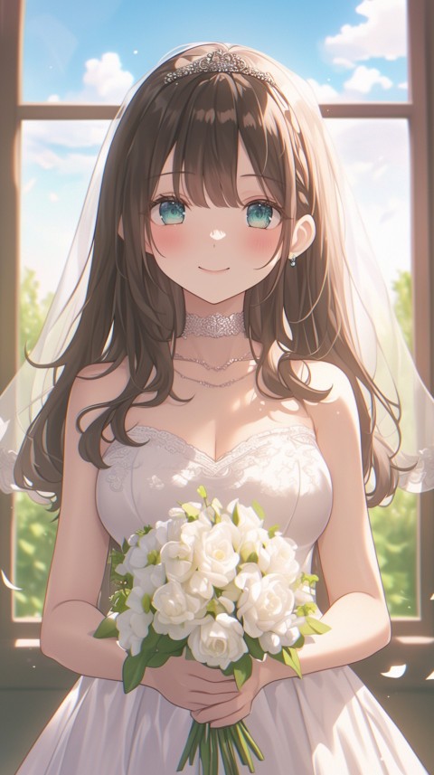 Cute Anime Bride Holding Flower Bouquet Aesthetic (162)
