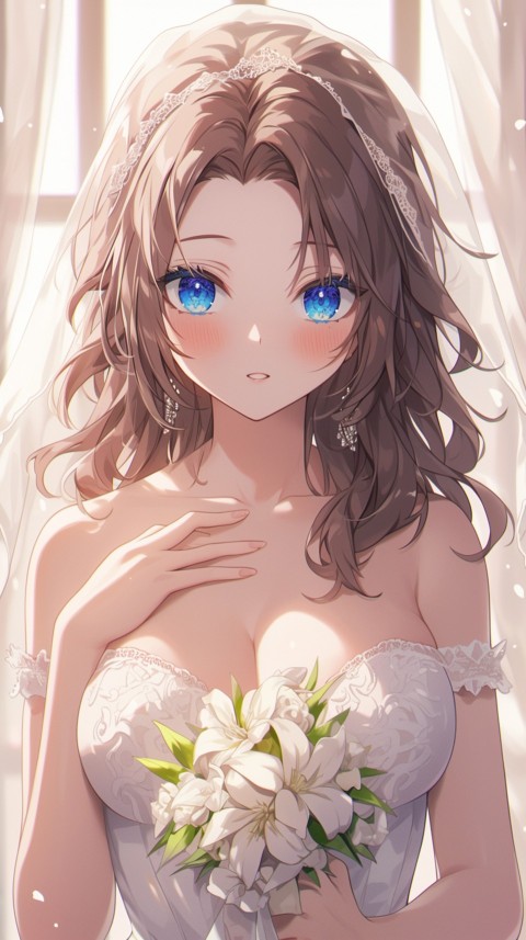 Cute Anime Bride Holding Flower Bouquet Aesthetic (192)