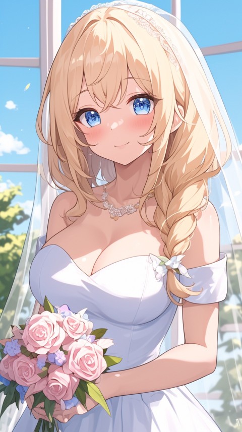 Cute Anime Bride Holding Flower Bouquet Aesthetic (158)