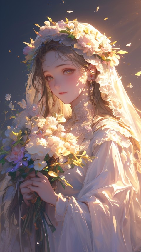 Cute Anime Bride Holding Flower Bouquet Aesthetic (153)