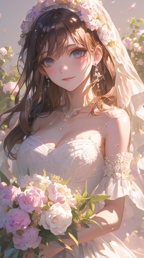 Cute Anime Bride Holding Flower Bouquet Aesthetic (193)