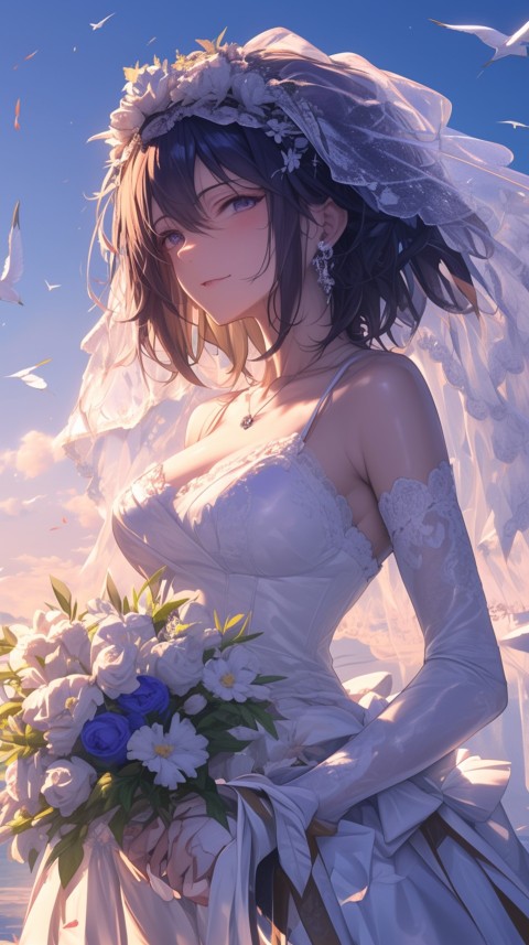 Cute Anime Bride Holding Flower Bouquet Aesthetic (187)