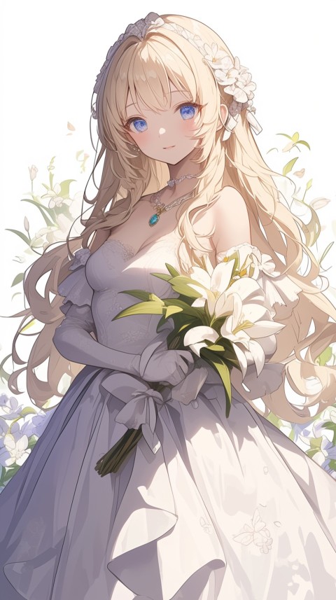 Cute Anime Bride Holding Flower Bouquet Aesthetic (214)