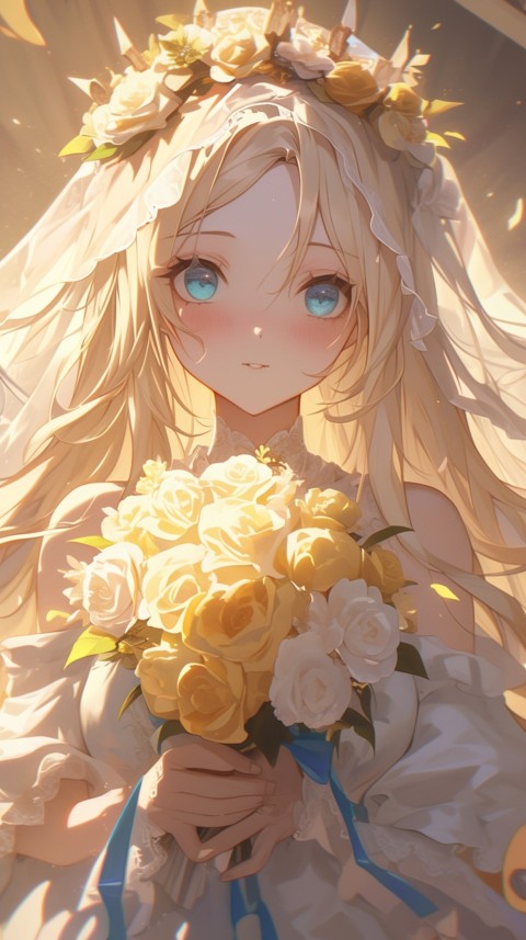 Cute Anime Bride Holding Flower Bouquet Aesthetic (220)