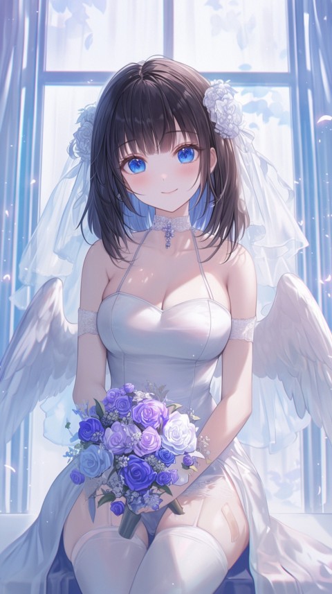 Cute Anime Bride Holding Flower Bouquet Aesthetic (212)