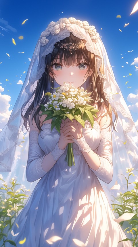 Cute Anime Bride Holding Flower Bouquet Aesthetic (227)