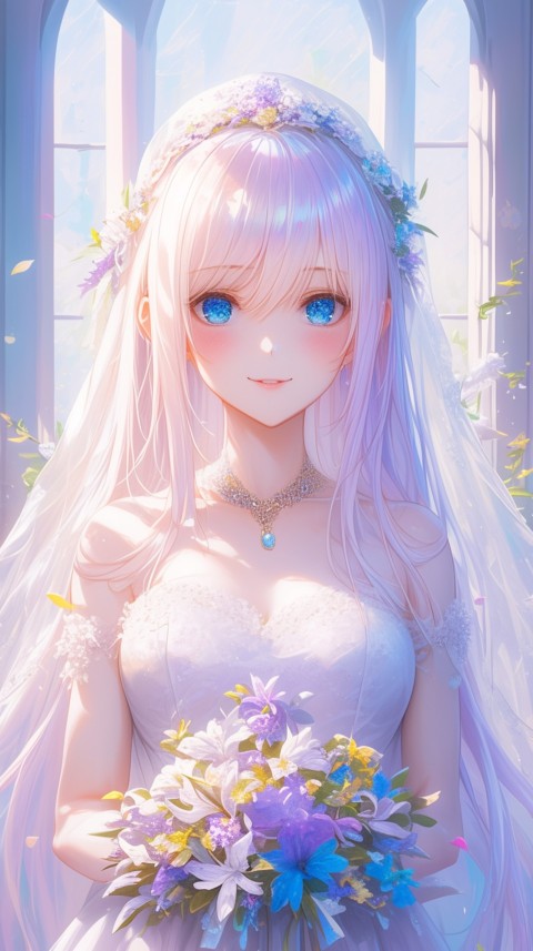 Cute Anime Bride Holding Flower Bouquet Aesthetic (222)