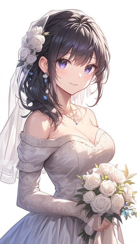 Cute Anime Bride Holding Flower Bouquet Aesthetic (267)