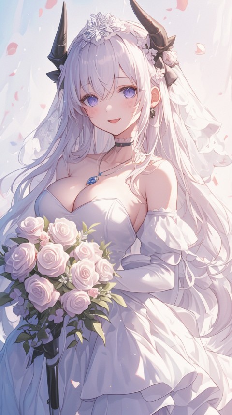 Cute Anime Bride Holding Flower Bouquet Aesthetic (298)