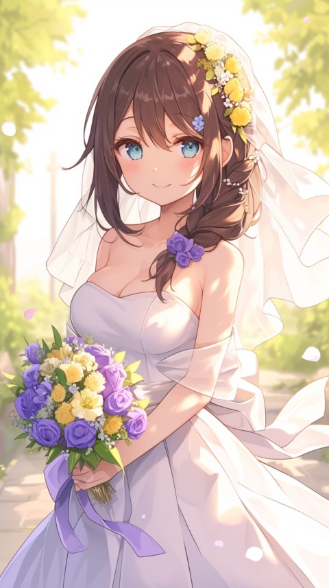Cute Anime Bride Holding Flower Bouquet Aesthetic (307)