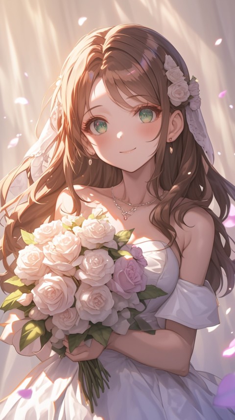 Cute Anime Bride Holding Flower Bouquet Aesthetic (301)
