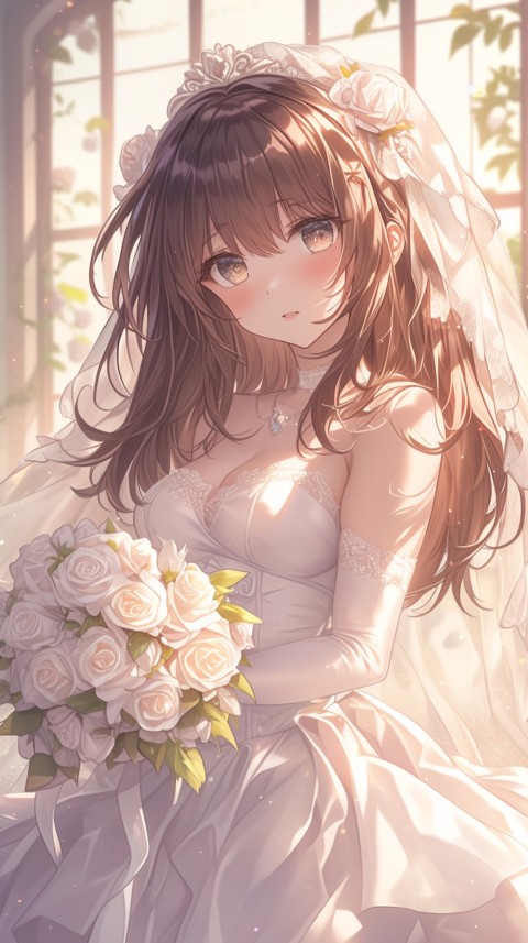 Cute Anime Bride Holding Flower Bouquet Aesthetic (312)
