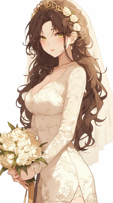 Cute Anime Bride Holding Flower Bouquet Aesthetic (315)