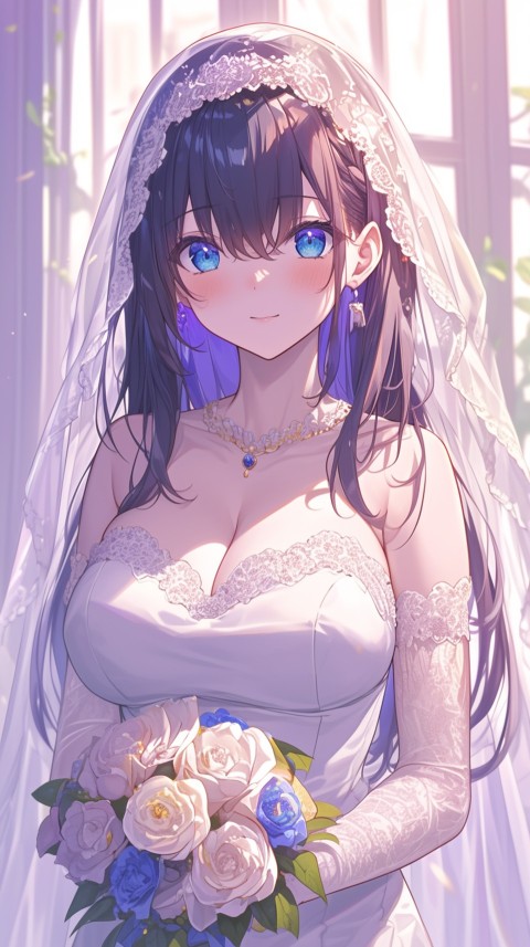 Cute Anime Bride Holding Flower Bouquet Aesthetic (321)