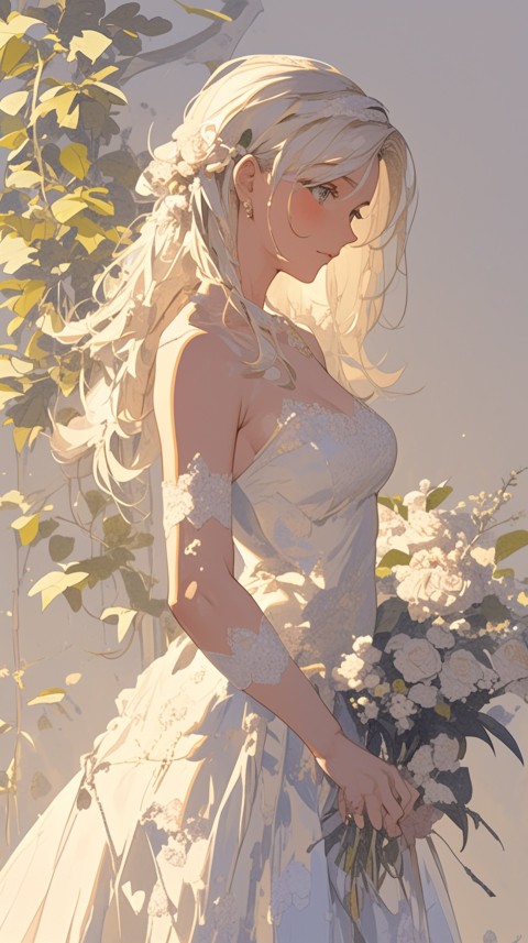 Cute Anime Bride Holding Flower Bouquet Aesthetic (320)