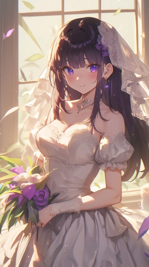 Cute Anime Bride Holding Flower Bouquet Aesthetic (319)
