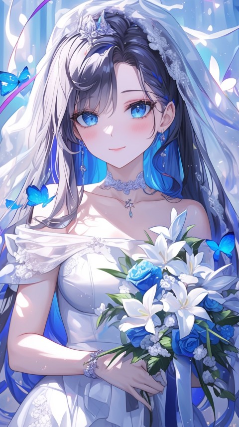 Cute Anime Bride Holding Flower Bouquet Aesthetic (313)