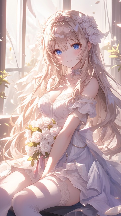 Cute Anime Bride Girl Wearing White Wedding Dress Aesthetic (31)
