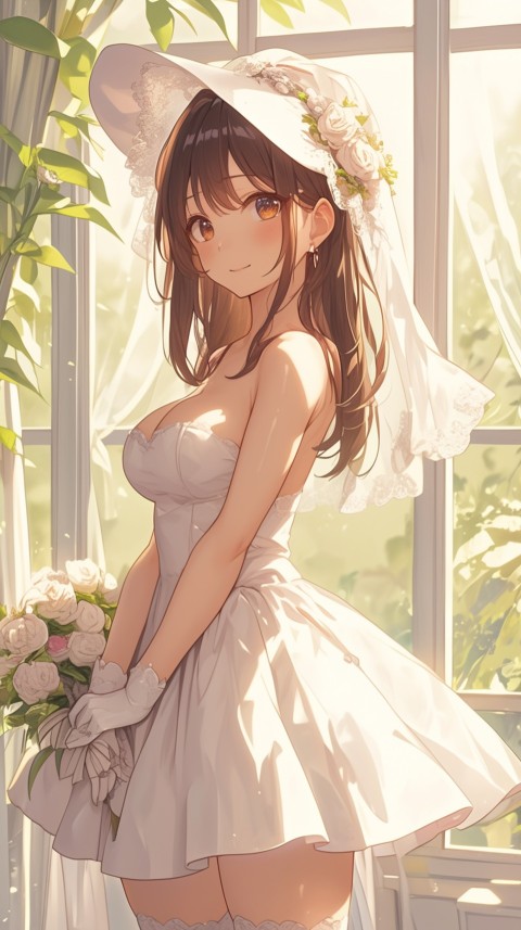 Cute Anime Bride Girl Wearing White Wedding Dress Aesthetic (107)