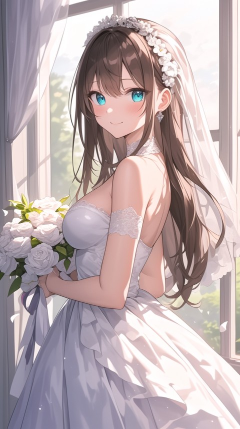 Cute Anime Bride Girl Wearing White Wedding Dress Aesthetic (113)