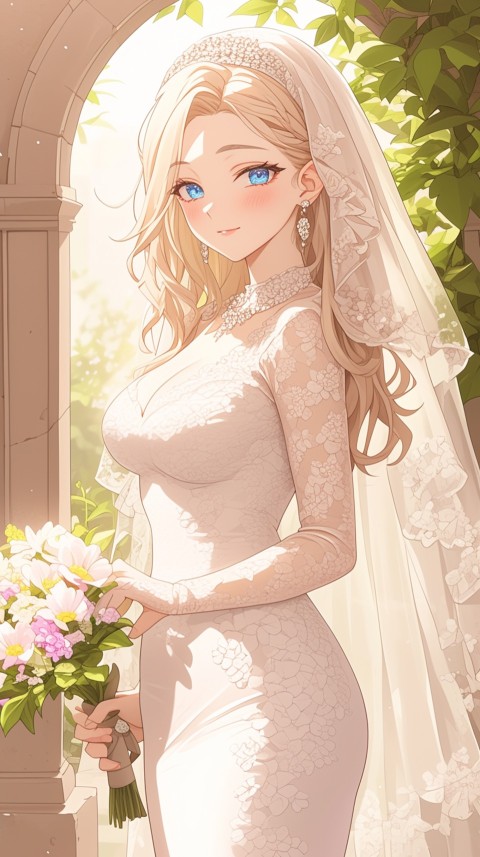 Cute Anime Bride Girl Wearing White Wedding Dress Aesthetic (101)