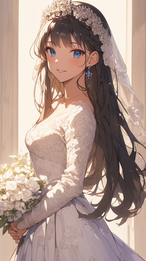 Cute Anime Bride Girl Wearing White Wedding Dress Aesthetic (188)