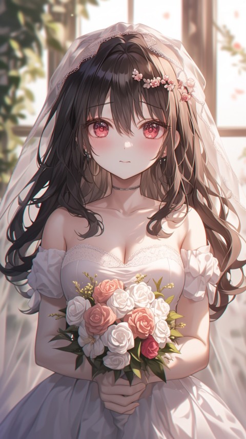 Cute Anime Bride Girl Wearing White Wedding Dress Aesthetic (163)